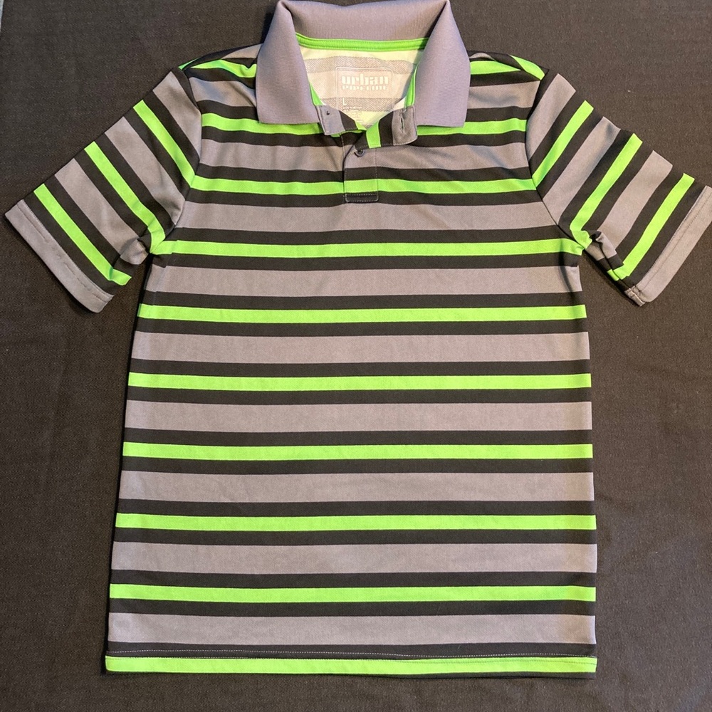 Urban Pipeline Boys Polo Shirt L Green Gray & Black Stripes Short Sleeves